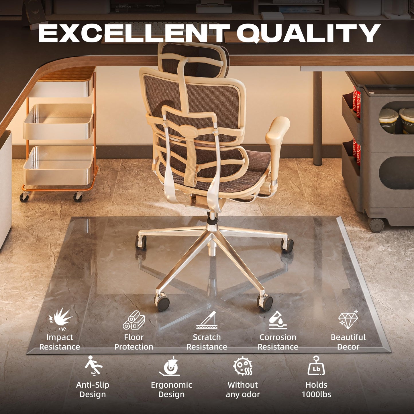 [Tempered Glass] 48“x30” Beveled Edge Glass Chair Mat with Polished Edge Clear Office Chair Mat, Glides Smoothly, Suitable for Carpet or Hardwood Floors (Grey)