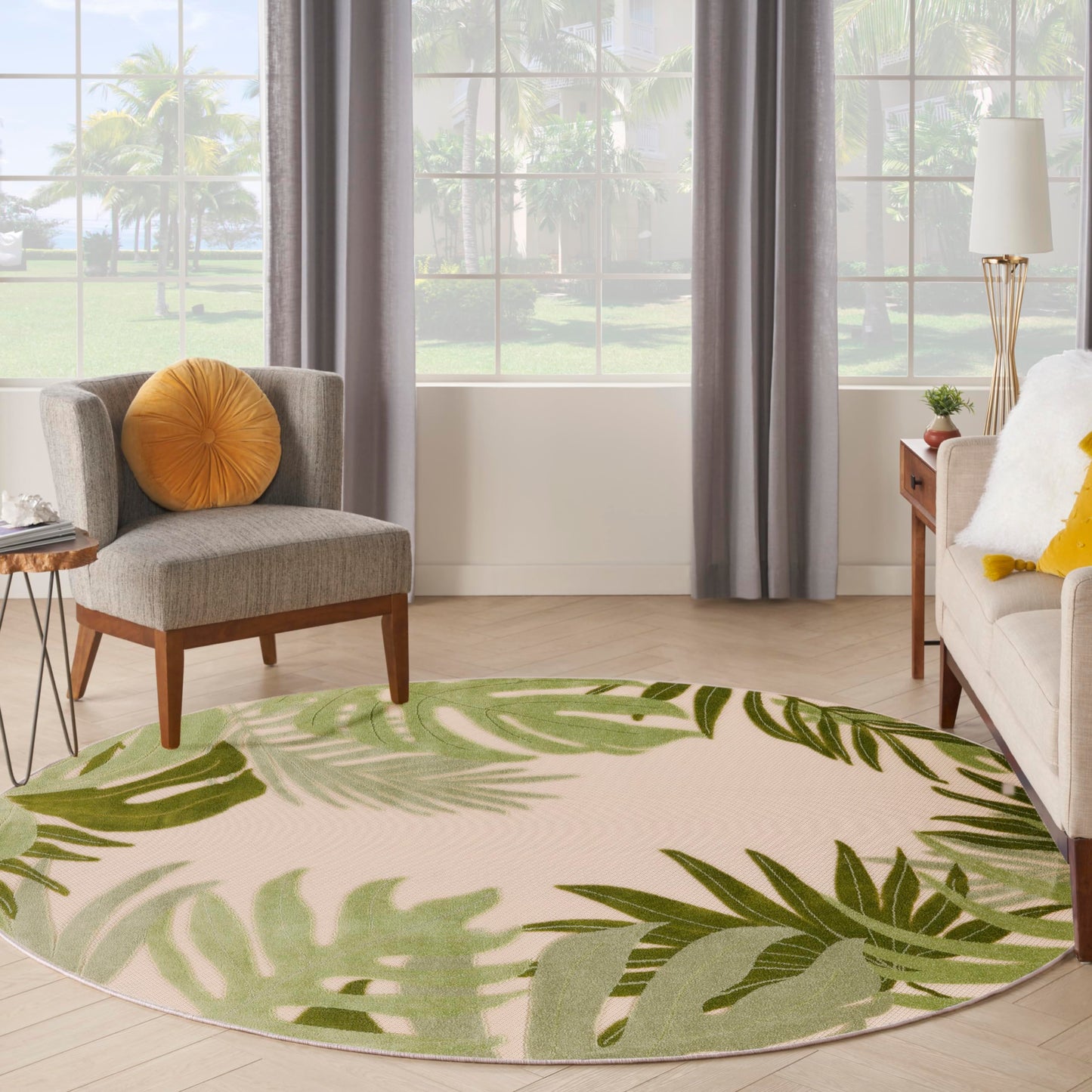 Nourison Home Aloha Ivory Green 5'3" x Round Area Rug - Easy Clean, Non Shedding, Bed Room, Living Room, Dining Room, Kitchen (5' x Round)