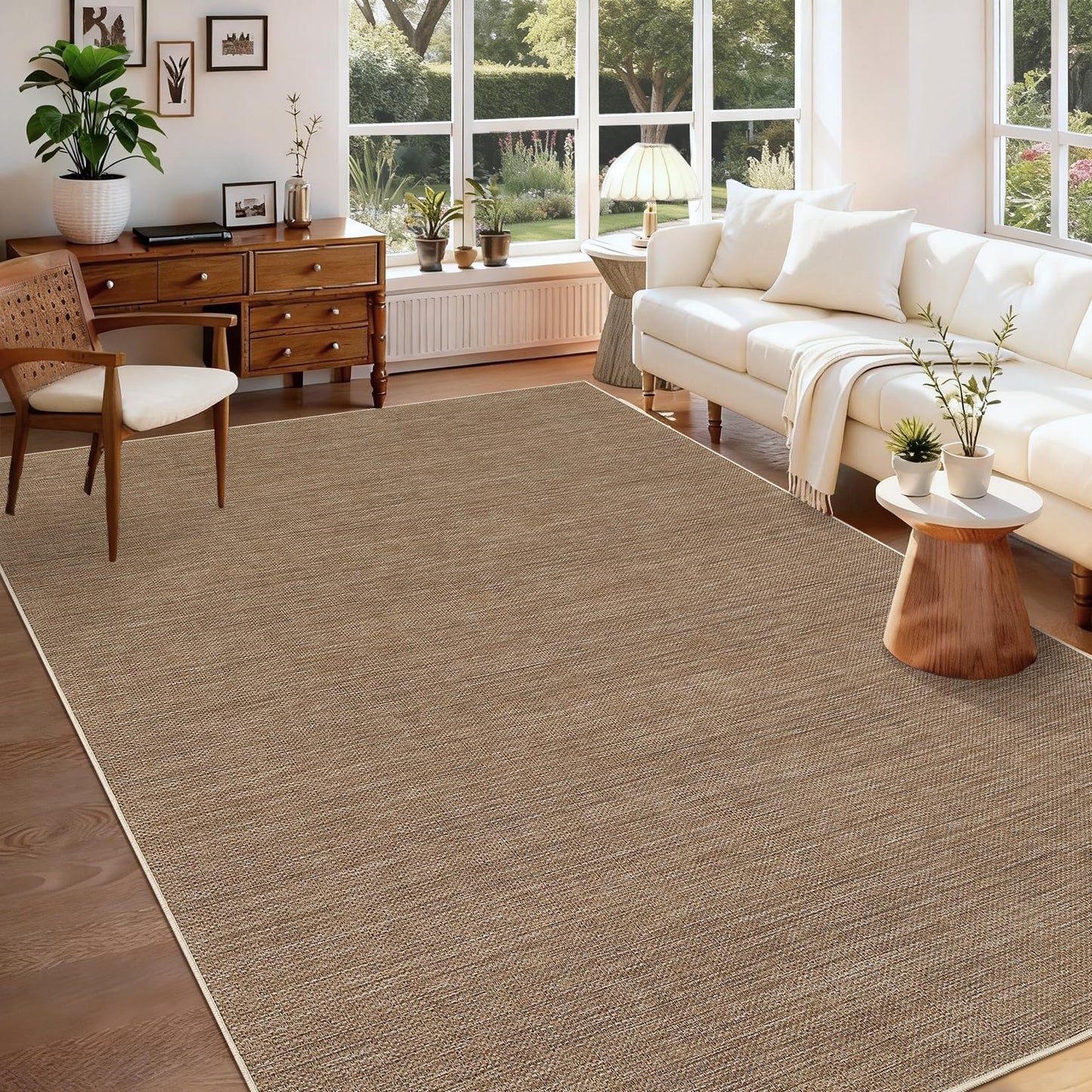 GarveeHome Easy Jute Rug 8x10 Washable Living Room Rugs Non Slip Stain Resistant Modern Neutral Dining Room Throw Carpets Solid Tan Contemporary Area Rugs for Kitchen Bedroom Nursery, Brown