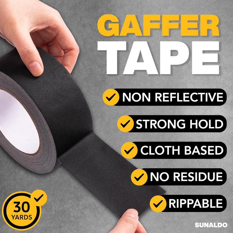 Heavy Duty Gaffers Tape - Easy to Rip, Residue-Free, Matte Finish | Black, 2" x 30 Yards