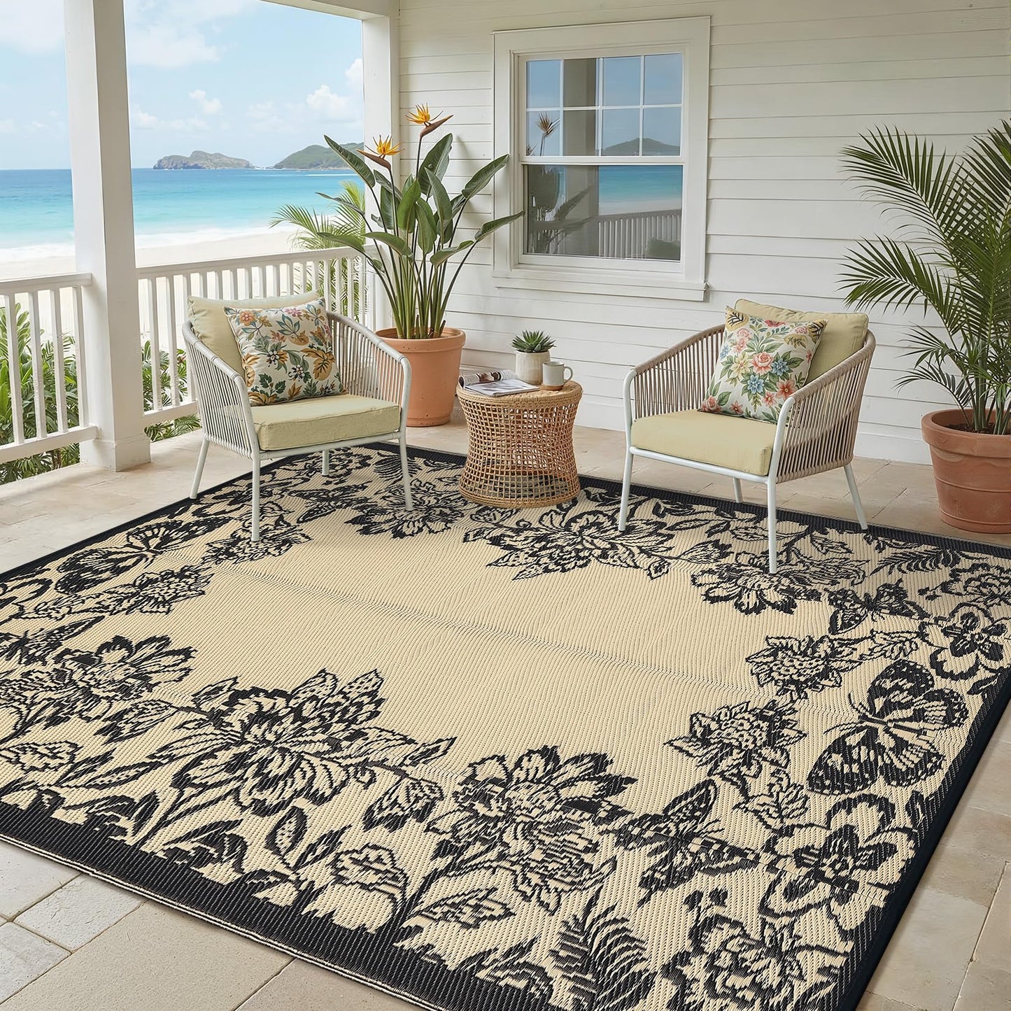 Garvee 5’x8’ Waterproof Patio Outdoor Rug, Outdoor Plastic Straw Rug for Camping, RV Mat Outside, Indoor Outdoor Carpet for Porch, Deck, Backyard, Balcony, Picnic, Black & Brown