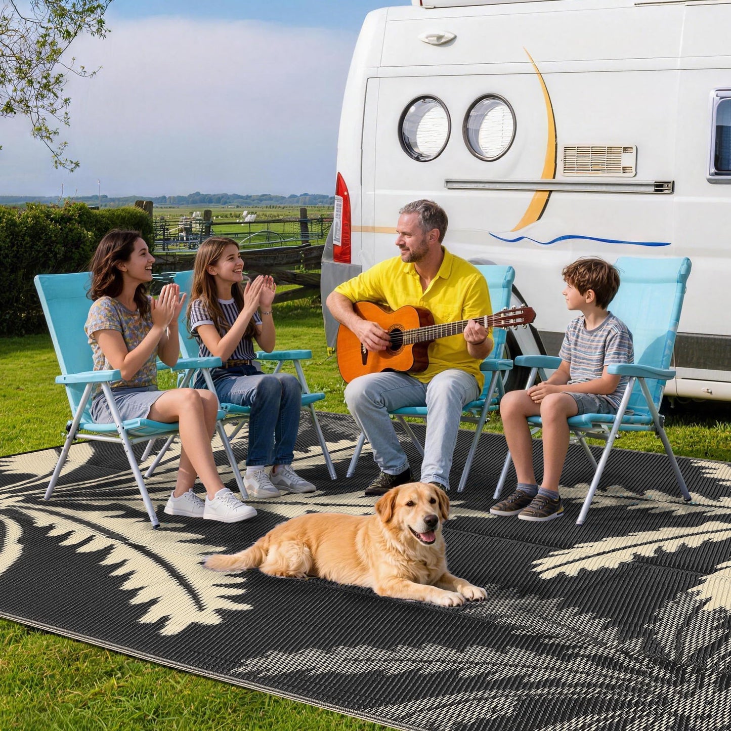 Garvee Waterproof Outdoor Rug 5x8 for Patio, Reversible Modern Area Rug, Large Plastic Straw Mat for Camping, RV, Porch, Backyard, Deck, Picnic, Beach, Black & Brown