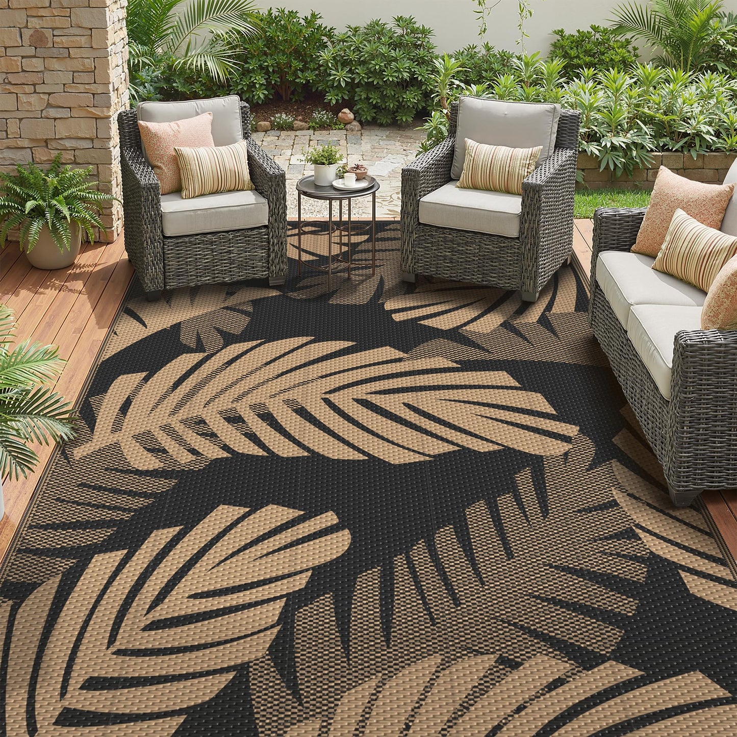 GENIMO Waterproof Outdoor Rug 5' x 8' for Patio Decor, Reversible Plastic Straw Area Rugs for Camping Clearance, RV Mat, Large Outside Carpet for Porch, Deck, Picni, Balcony, Garden, Black & Brown