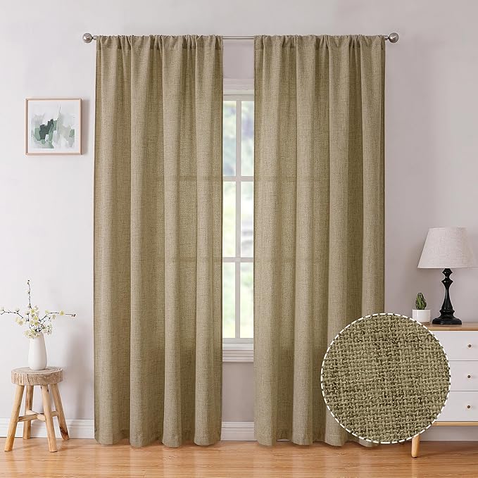Tollpiz Linen Curtain Bedroom Rod Pocket Semi Sheer Curtains Burlap Light Filtering Thick Linen Drape for Living Room, 38 x 84 inches Long, Taupe, Set of 2 Panels