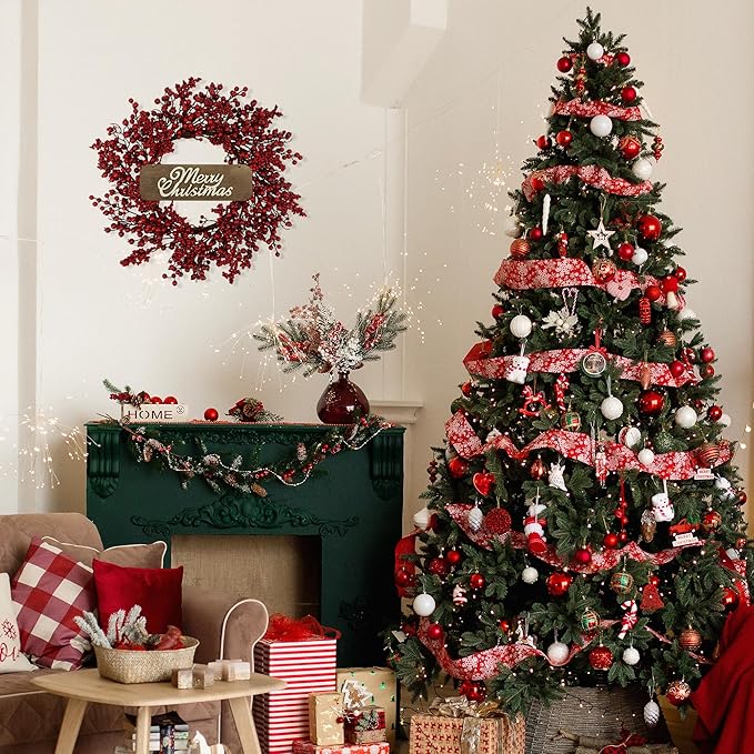 YNYLCHMX 20 Inch Christmas Wreath for Front Door, Winter Wreath with Welcome Sign Red Berries, Artificial Door Xmas Wreaths for Window Wall Fireplace Farmhouse Holiday Party Decoration