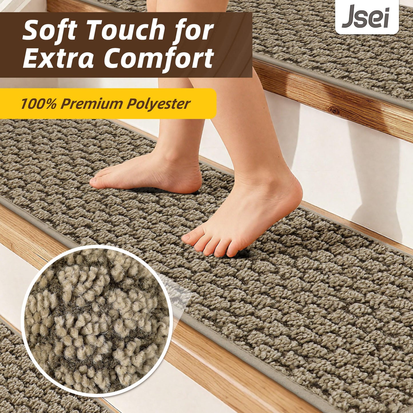 JSEI Stair Treads for Wooden Steps, 14 Pack 9" X 28" Non-Slip Machine Washable Carpet Stair Treads with TPE Backing, Soft Indoor Stair Rug Runner for Kids Elders & Pets, 100% Polyester, Beige