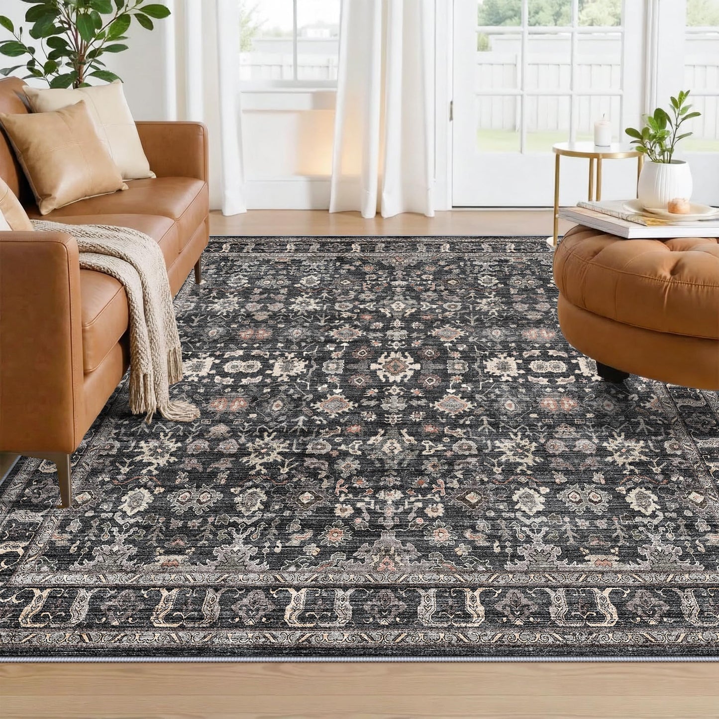 TOPRUUG Washable 6x6 Rug Square - Ultra Soft Living Room Area Rug Under Sofa Non-Slip Rugs for Bedroom Dining Room - Non-Slip & Stain Resistance Rugs for High Traffic Area (Dark Black Gray, 6x6)