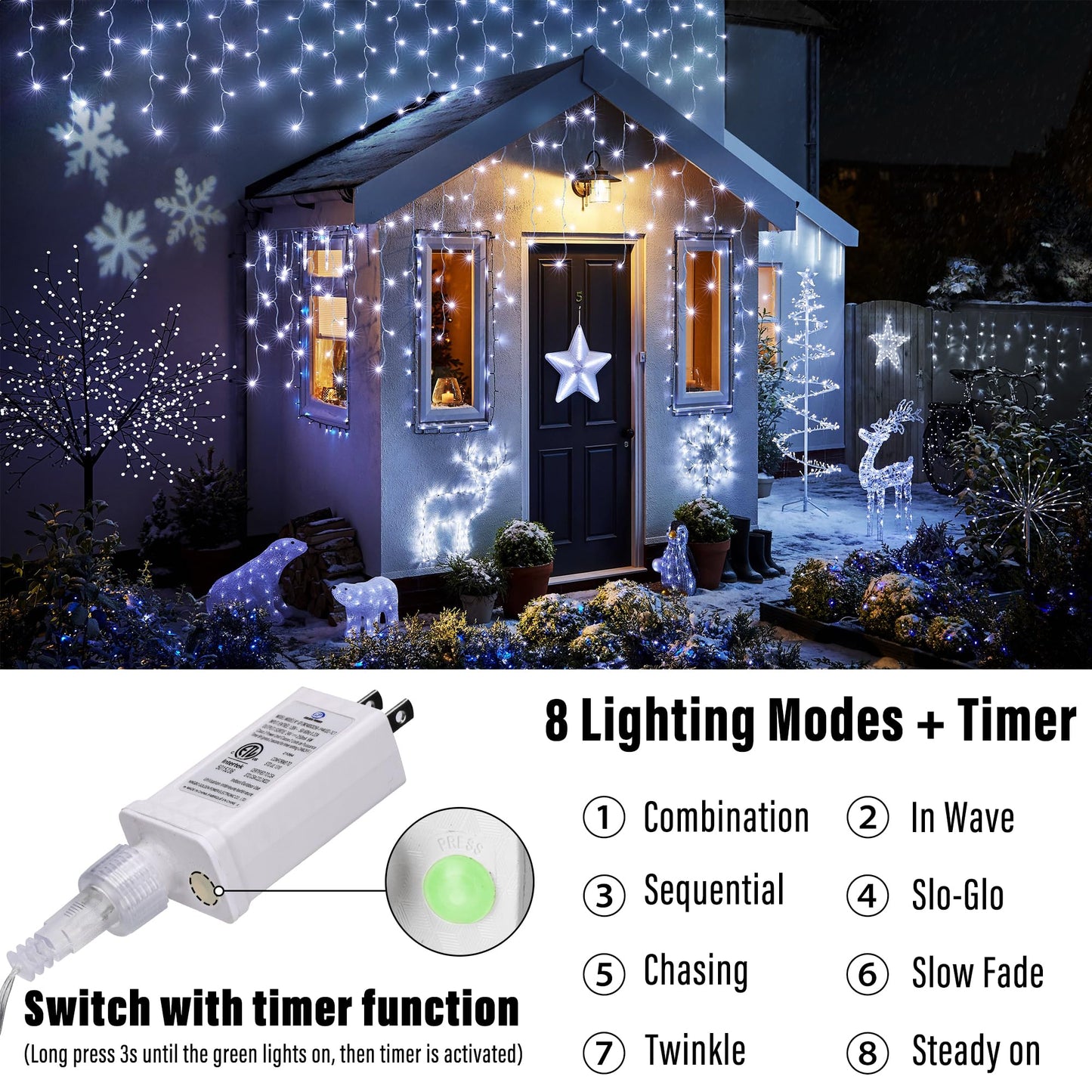 Joomer Christmas Icicle Lights - 33FT Plug in String Lights Waterproof, 8 Modes Timer Connectable Outdoor String Light for Christmas Party, Eaves, Roofs, Xmas Decorations (White)