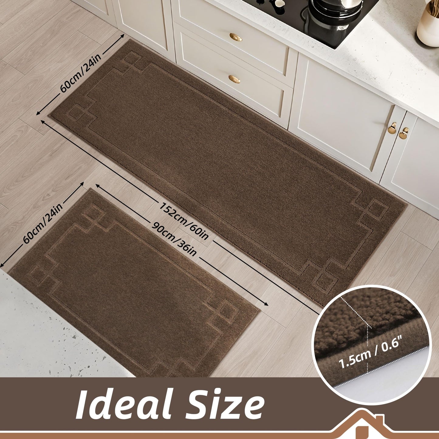 BEQHAUSE Kitchen Rugs Non-Slip Washable Rug Sets of 2, Machine Washable Kitchen Mats Absorbent Soft Kitchen Runner Rugs for Floor, Sink, Hallway, Laundry, 24"x36"+24"x60", Brown