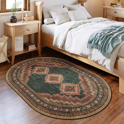 Clemile 4x6 Oval Rug - Washable Ultra-Thin Living Room Rug Vintage Non-Slip Carpets - Soft & Stain Resistant Rug for Kitchen Bedroom Dining Room Living Room Dark Brown