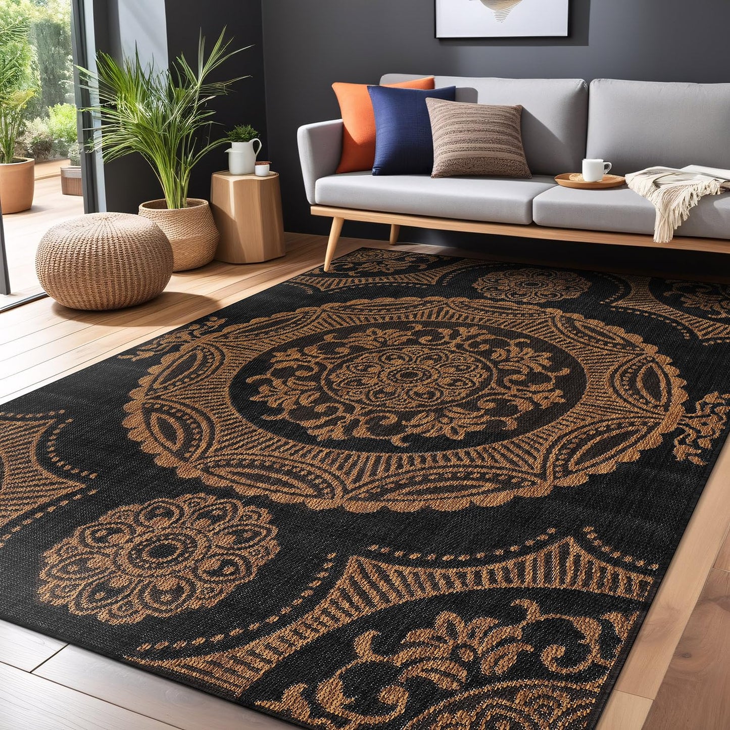 Luul Home Medallion Outdoor Rug 6x9 Washable Outside Carpet for Indoor Patio Porch Waterproof Easy Cleaning Non Shedding Area Rugs Nut Brown 6 x 9