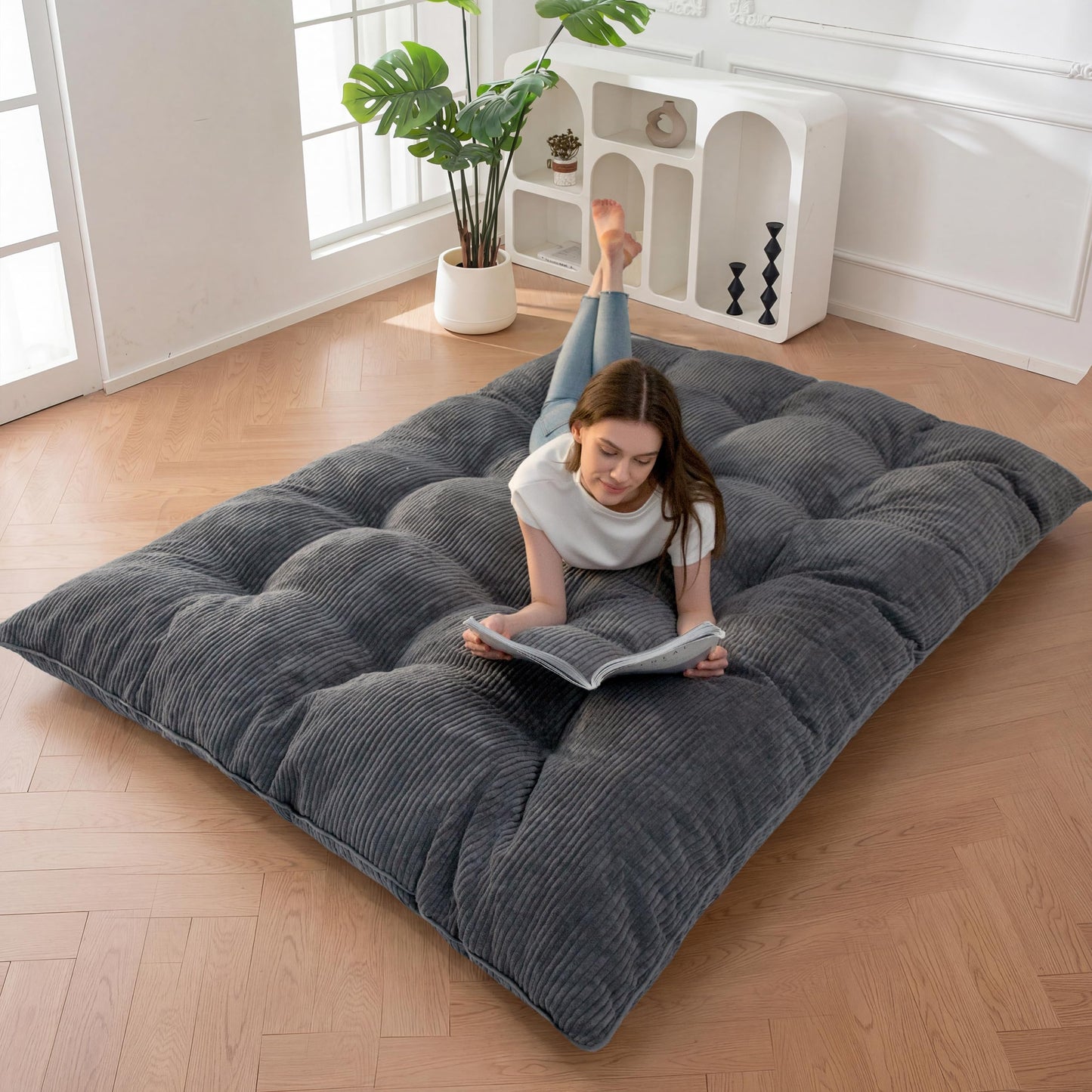MAXYOYO 6" Japanese Floor Mattress, Foldable Futon Mattress Full Size, Tufted Roll Up Floor Couch, Thick Tatami Mat Sleeping Pad Portable Lounger for Camping Guest Room Dormitory RV, Dark Grey