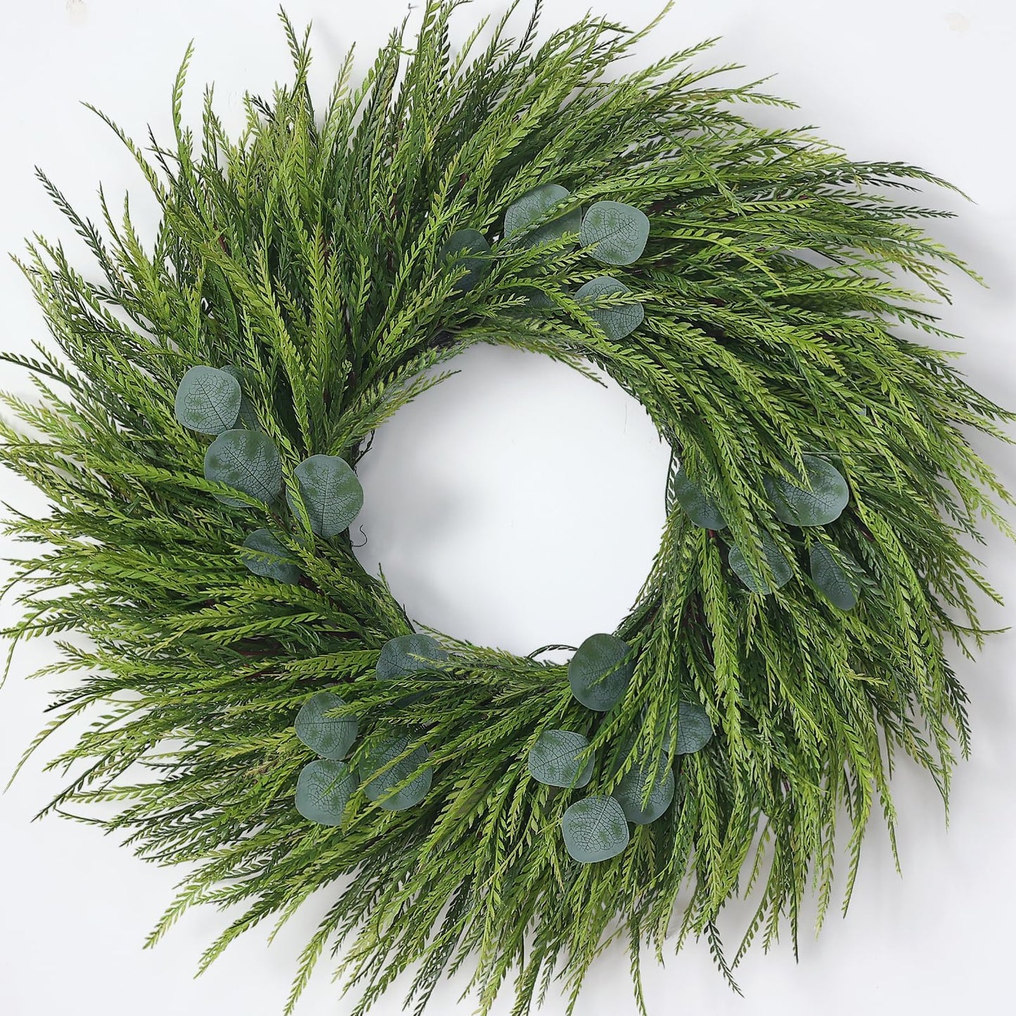 26" Artificial Saw Grass Wreath for Front Door, Lifelike Faux Saw Grass Wreath with Fake Eucalyptus Spring Summer Greenery for Wall Window Fireplace Farmhouse Home Outside Decoration