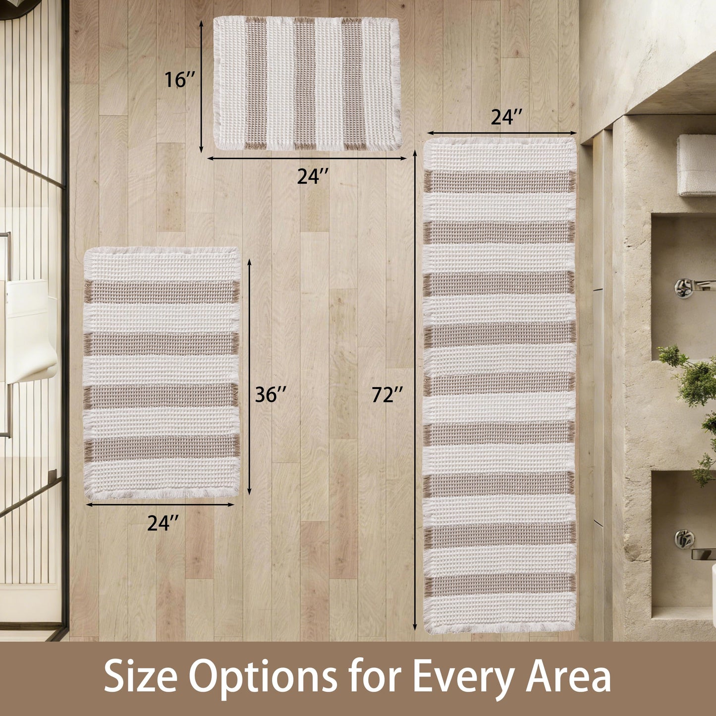 KaviKon Waffle Bath Mat Non Slip, Boho Bathroom Rug, Super Absorbent Quick Dry Bathroom Mat, Soft Farmhouse Bath Rug with Tassels, Small Washable Shower Mats for Floor 16"x24", White and Taupe
