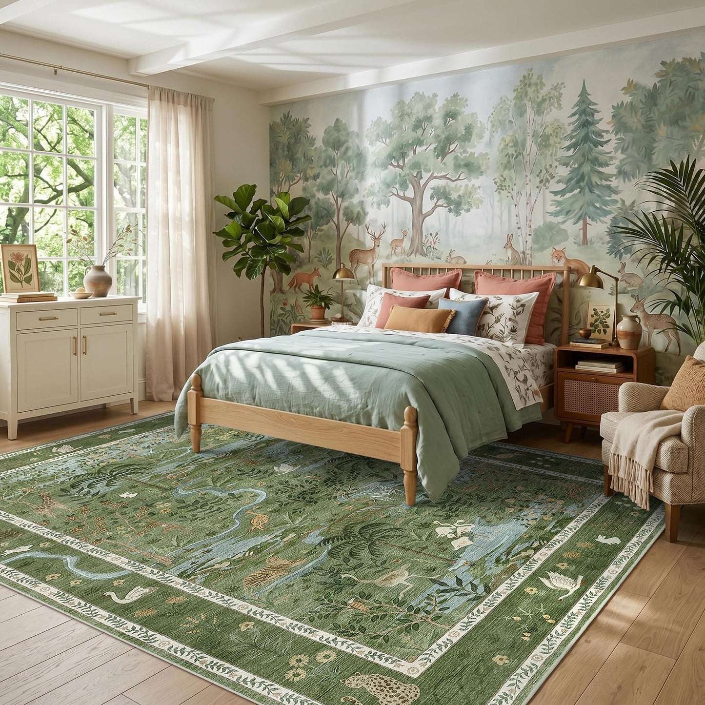 Washable Area Rug 5x7 Green Animal Print Rugs for Nursery Non Slip Stain Resistant Forest Fairy Tale Throw Carpet Low Pile Whimsical Safari Area Rugs for Entryway Girls Bedroom Dining Room, Green