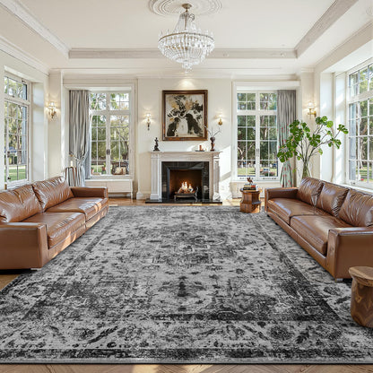 YOH Boho Washable Rug 8x10, Black Vintage Non Slip Area Rug, Distressed Indoor Carpet for Living Room Bedroom Kitchen Office