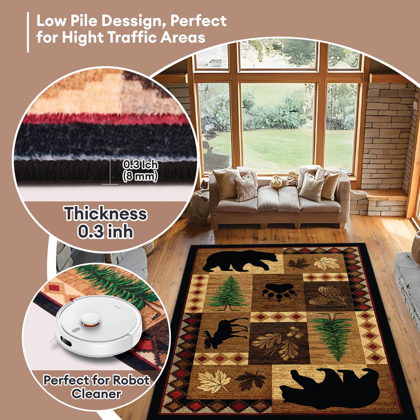 Bear Decor Rustic Throw Area Rugs Moose, 3x5, 4x6, 5x8, 6x9 Ft, Cabin & Living Room
