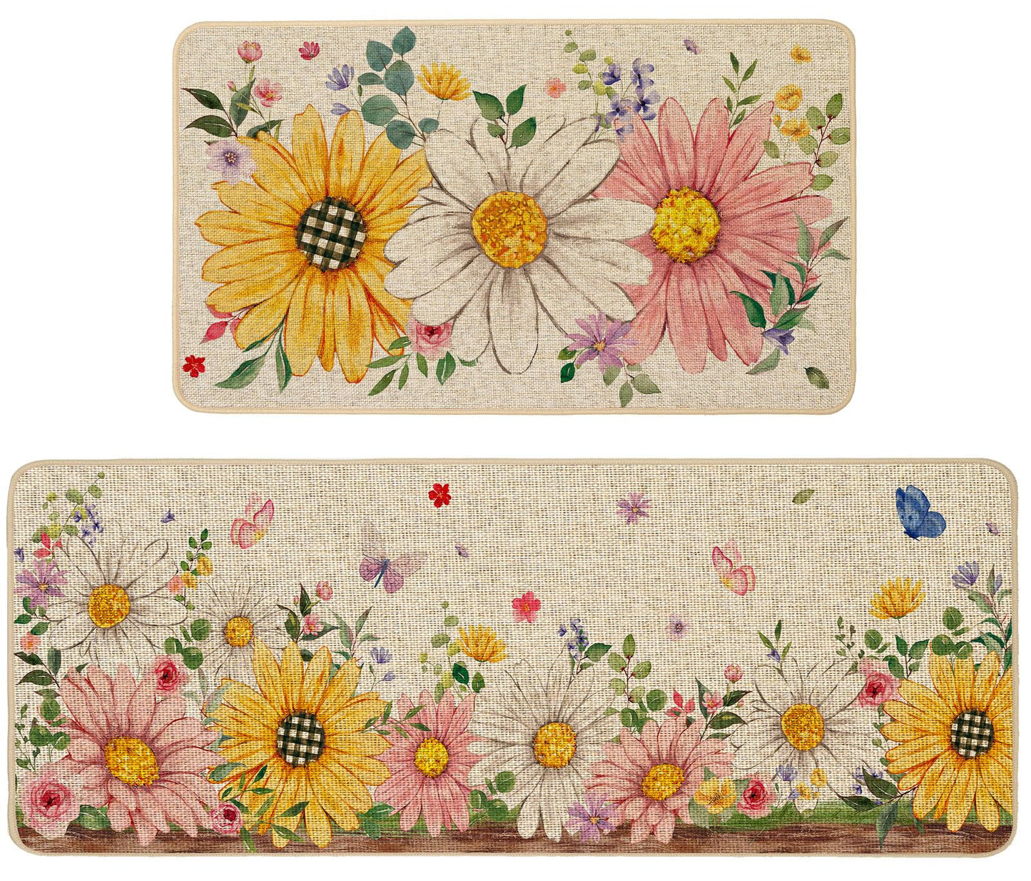 Baccessor Summer Kitchen Mats Set of 2, Sunflower Daisy Floral Kitchen Rugs for Floor Non Slip Low-Profile Seasonal Home Decor 17x29 and 17x47 Inch