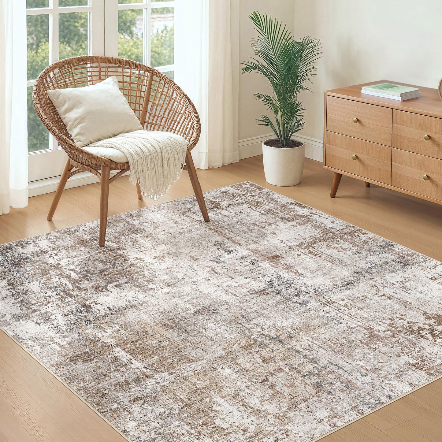UERMEI Square Area Rugs : Washable 5x5 Neutral Modern Abstract Carpet for Living Room Bedroom - Soft Floor Mat with Non Slip Backing for Kitchen Nursery Dorms Farmhouse Home Decor - Brown/Grey/Red