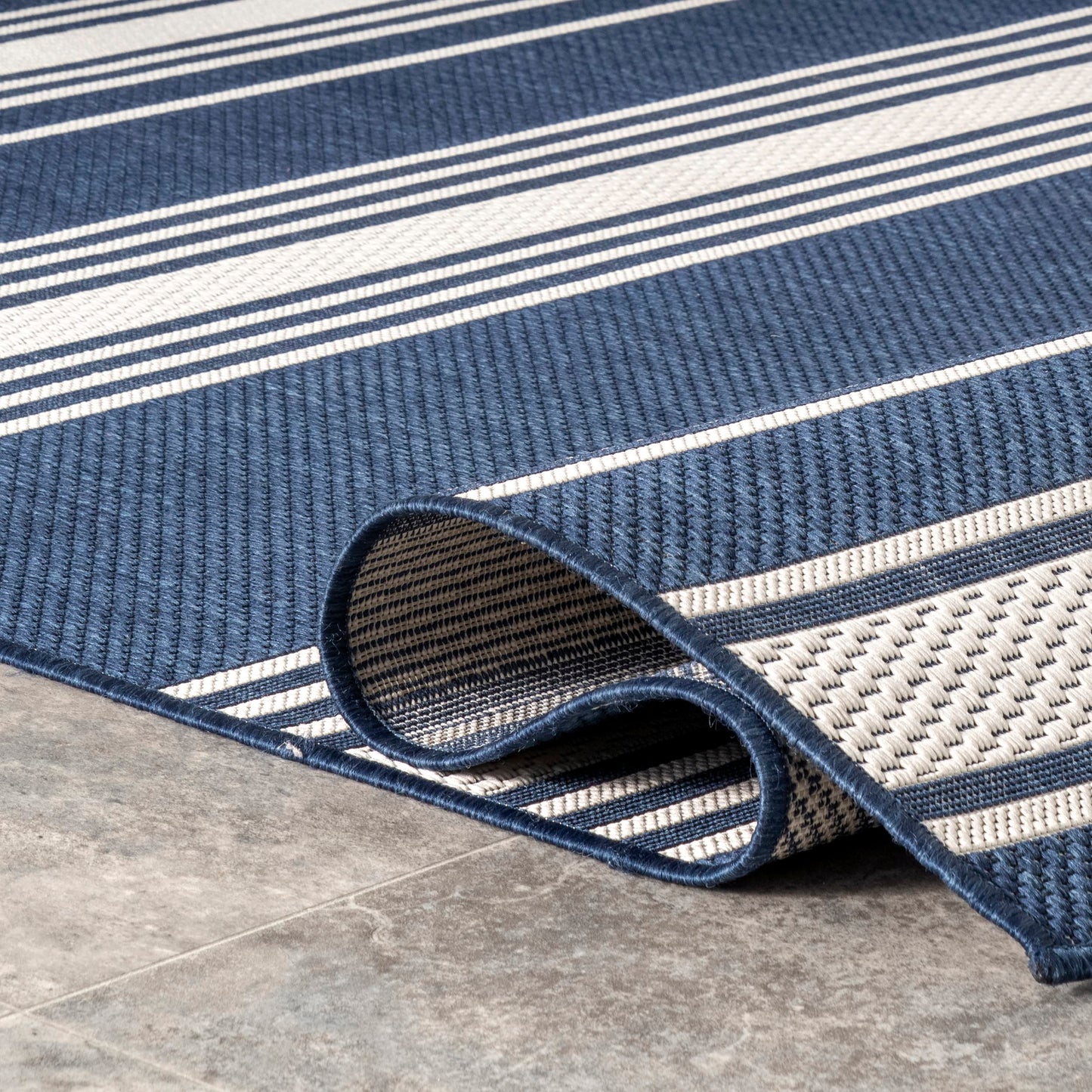 Rugs USA Romy Navy/Ivory, 6'7" x 9', Striped, Soft and Cozy, High Traffic, Stain Resistant, Easy Clean, Durable Area Rug for Indoor/Outdoor Patio, Deck, Porch, Garden, Courtyard