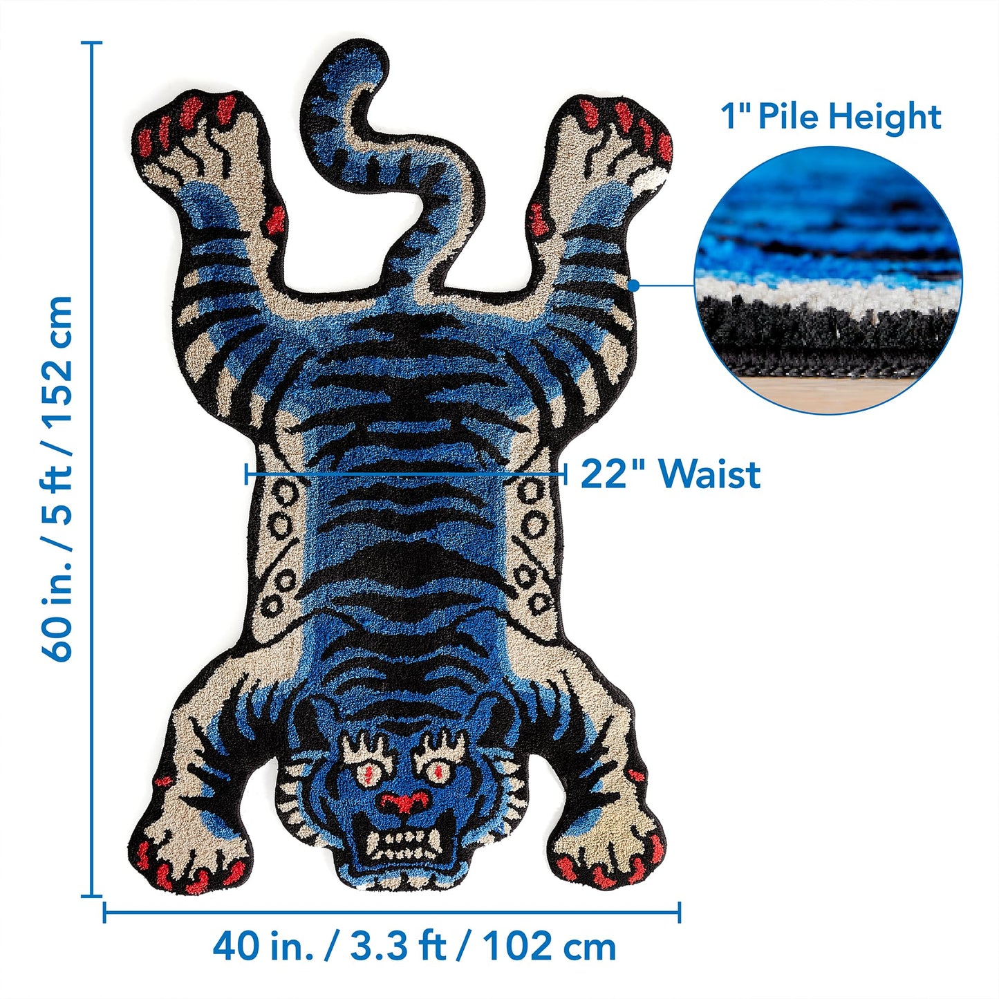 5x3.3 ft Tibetan Tiger Area Rug Tufted High Pile XLarge Indoor Machine Washable Carpet with Nonslip TPR Backing - Bedroom, Bathroom, Living & Dining Room Home Décor, Blue