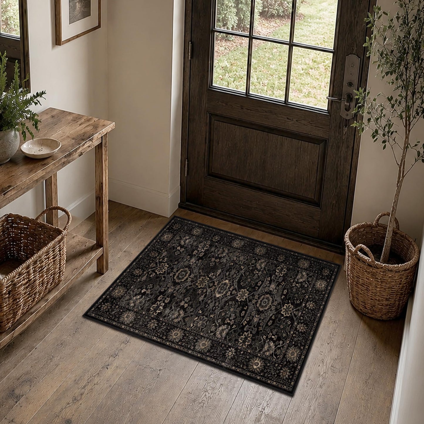 2x3 Entryway Rug Black Gold Washable Rugs for Entryway Kitchen Low Pile Non-Slip Door Mat Traditional Distressed Small Carpet for Kitchen Entrance Bathroom