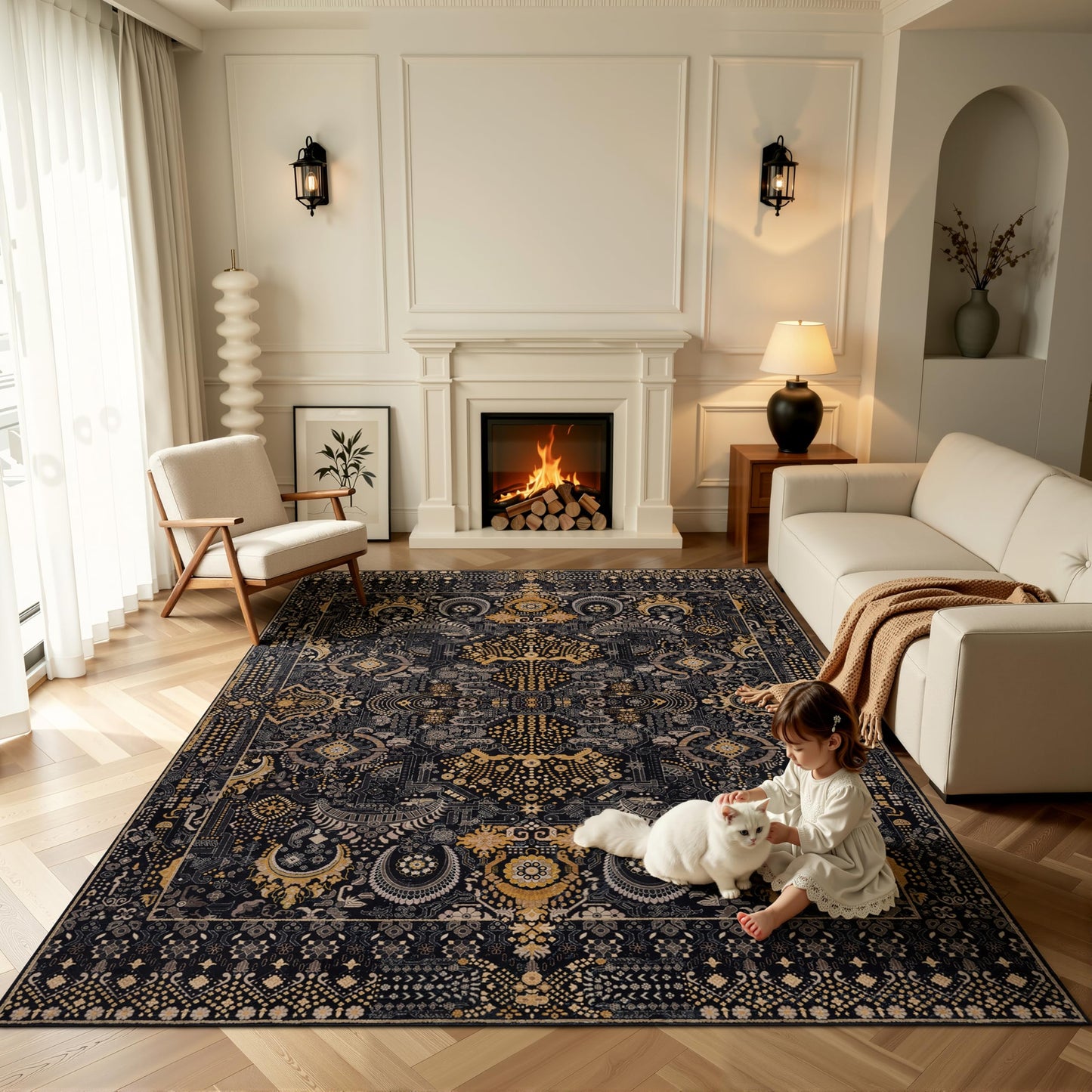 Ruaruarug Area Rug 8'×10', Non Slip Machine Washable Ultra Soft Stain & Fade Resistant, Pet & Kids Friendly, for Living Room/Bedroom/Kitchen/Classroom, Black Gold