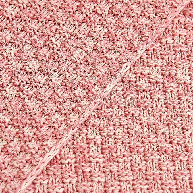 Longhui bedding Dusty Pink Knitted Throw Blanket for Couch, Soft, Cozy Machine Washable 100% Cotton Sofa Knit Blankets, 60 x 80 Inches Oversized, Pink and White Color, Laundry Bag Included