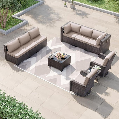 Kurapika 10 Pieces Patio Furniture Set, Rattan Wicker Sofa Set, Outdoor Conversation Sets w/Swivel Rocking Chairs Patio Sectional Sofa w/4 Inch Cushion, Sand
