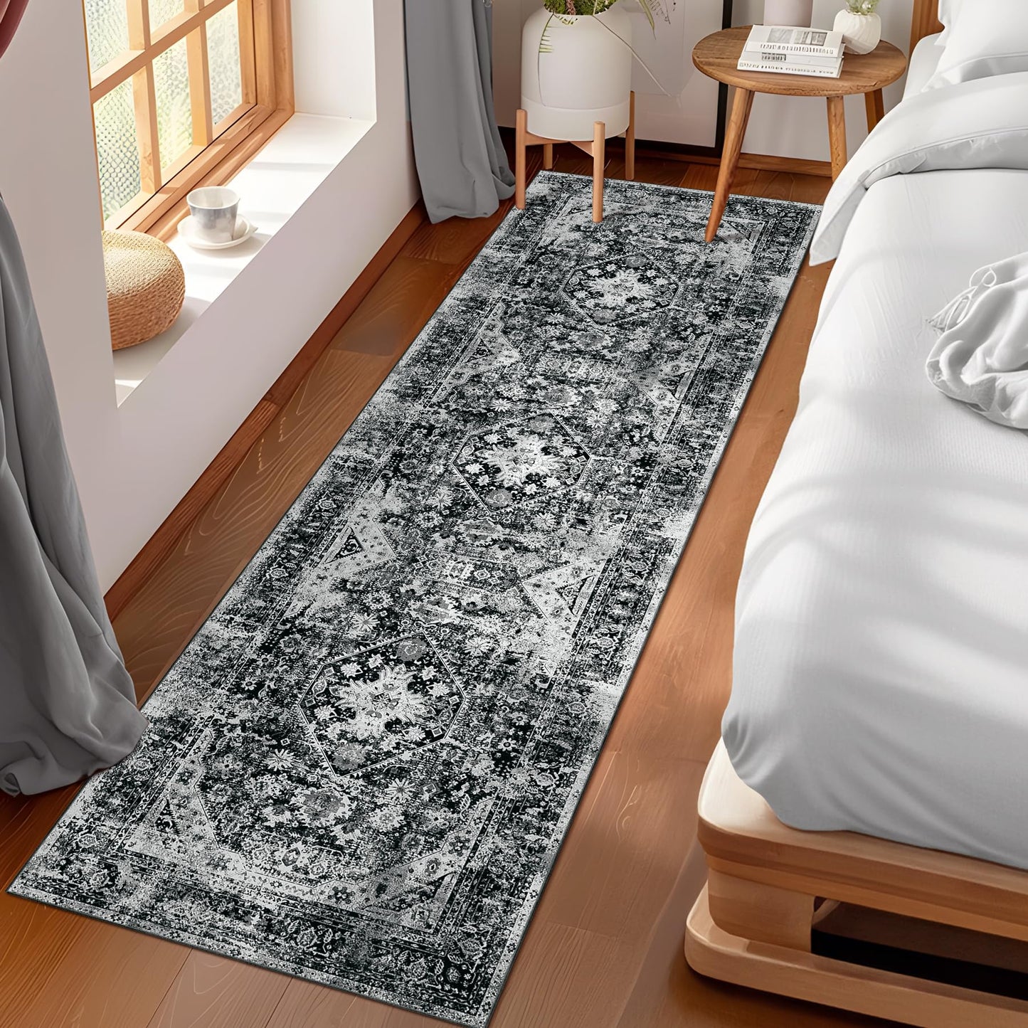 MUJOO Black Runner Rug,Washable 2x8 Runner Rugs for Hallway Kitchen Bedside Bathroom,Boho Area Rug Carpet Runner Long Non Slip Throw Rug Modern Soft Black and White Floral