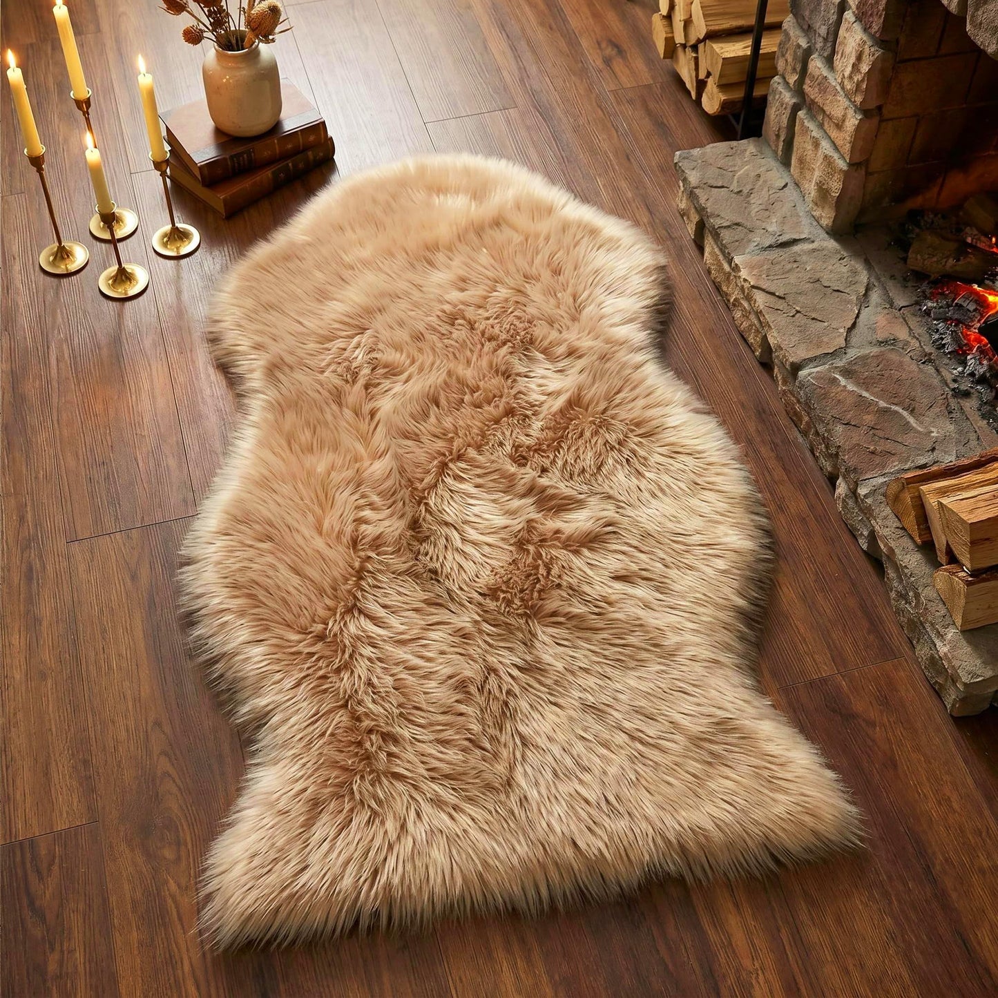 duduta Beige Faux Sheepskin Throw Rug 2x3 ft, Small Fluffy Shag Fur Rug for Bedroom Kids Room Dorm Decor Chair Covers Non Slip