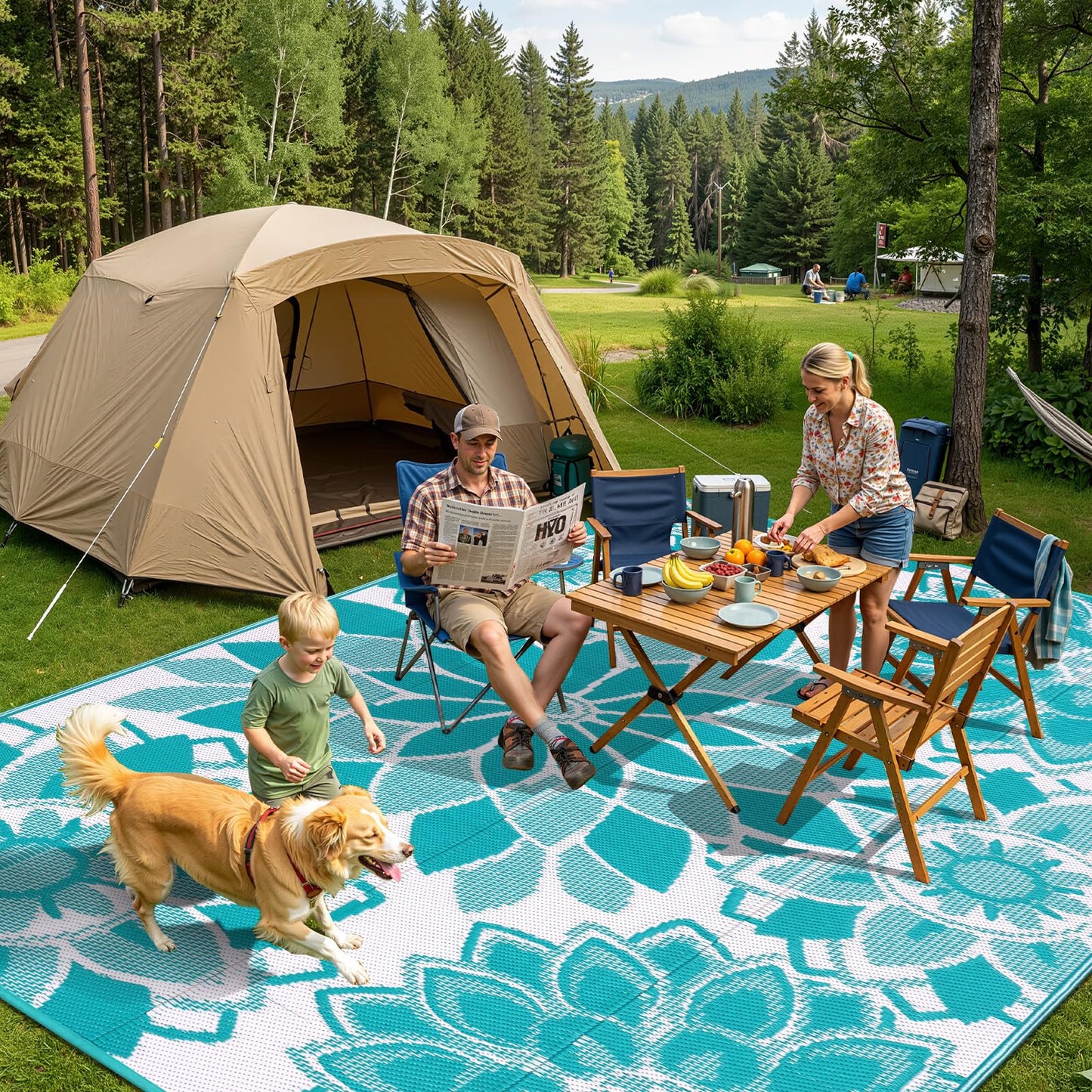 LOKHOM Outdoor Rug for Patio 8x10 ft Reversible Plastic Straw Patio Camping Rug, Floral Waterproof RV Mat for Camper Indoor Outdoor Carpet for Deck Porch Picnic Beach Balcony Backyard, Teal & White