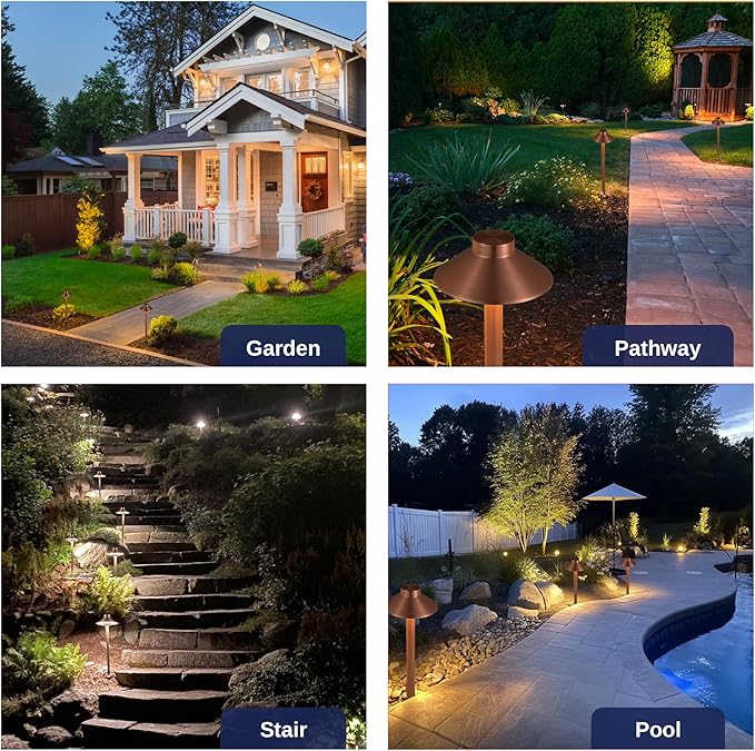 Gardenreet Low Voltage Landscape Path Light Solid Brass, 3 Color Temp Selectable LED Driveway Lights Waterproof, Hat Shaped 12V Wired Copper for Walkway Garden with 3W 270LM G4 Bulb (12 Pack)