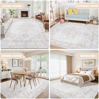 Area Rug 6x9 Living Room Rug Washable:No-Slip Vintage Medallion Rug Soft Low Pile Large Beige Rugs Indoor Retro Carpet for Living Room Kitchen Nursery Dining Table Office (Beige, 6'x9')