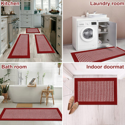 Ileading Christmas Kitchen Mat Sets 3 Piece Red Kitchen Floor Rugs with Non Slip Rubber Backing Machine Washable Runner Rugs for Winter Holiday Decor Laundry Hallway Doormat Valentine's Day