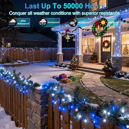 750LED Christmas Lights Outdoor Use, 240ft 12 Modes Blue and Cool White LED String Lights with Timer Dimmable, Waterproof Christmas Tree Lights for Xmas Patio Yard Fence Balcony Garden Decor