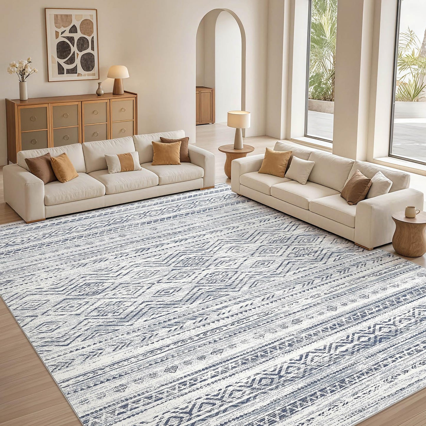 Tortania Area Rug Living Room Rugs- 10x14 Washable Large Soft Neutral Boho Moroccan Bohemian Farmhouse Rug Indoor Floor Carpet for Bedroom Under Dining Table Home Office Decor - Dark Blue