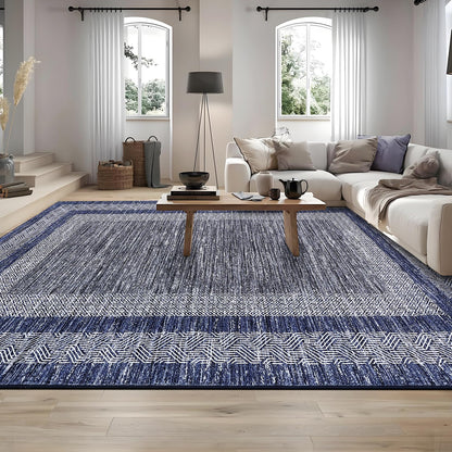 GarveeHome Modern Geometric Area Rug 5x7 Distressed Bordered Rug Washable Non Slip Floor Carpet Non Shedding Thin Rug, Soft Low Pile Rug, Contemporary Blue Rug for Dining Room, Living Room