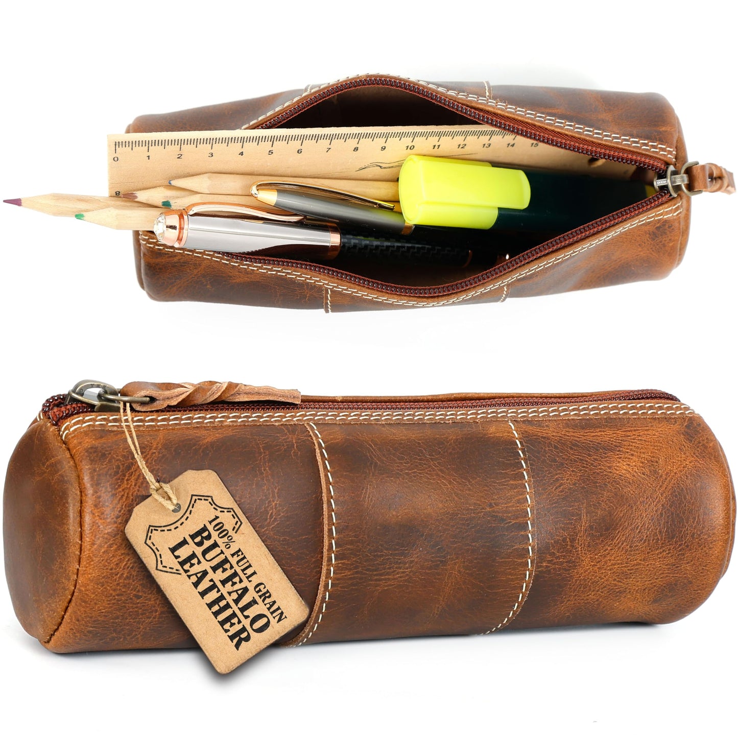 LEATHER TOWN Leather Pencil Case - Full Grain Leather Zippered Pen Pouch - Bag Pen Holder for Work & Office (Brown)