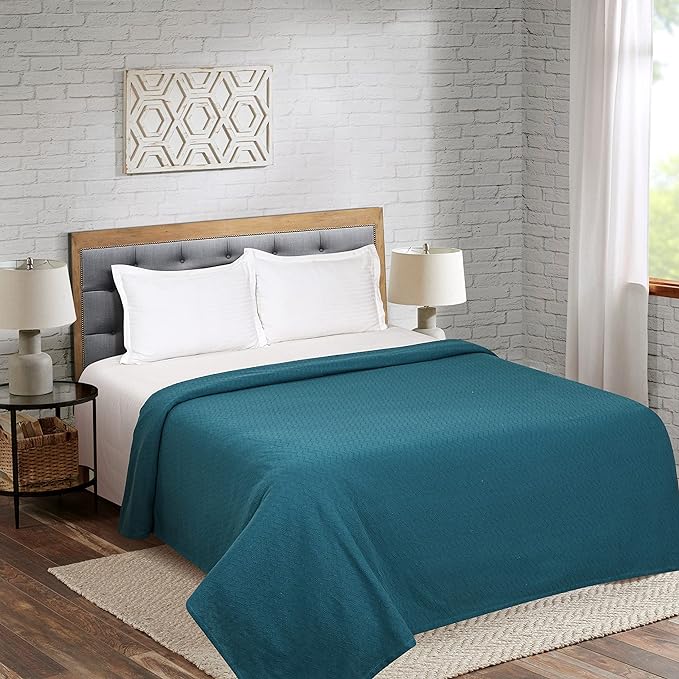 BELIZZI HOME 100% Cotton Bed Blanket, Breathable Thermal Blanket Full - Queen Size, Soft Chevron 90''x90'', Perfect for Layering Any All Season, Teal
