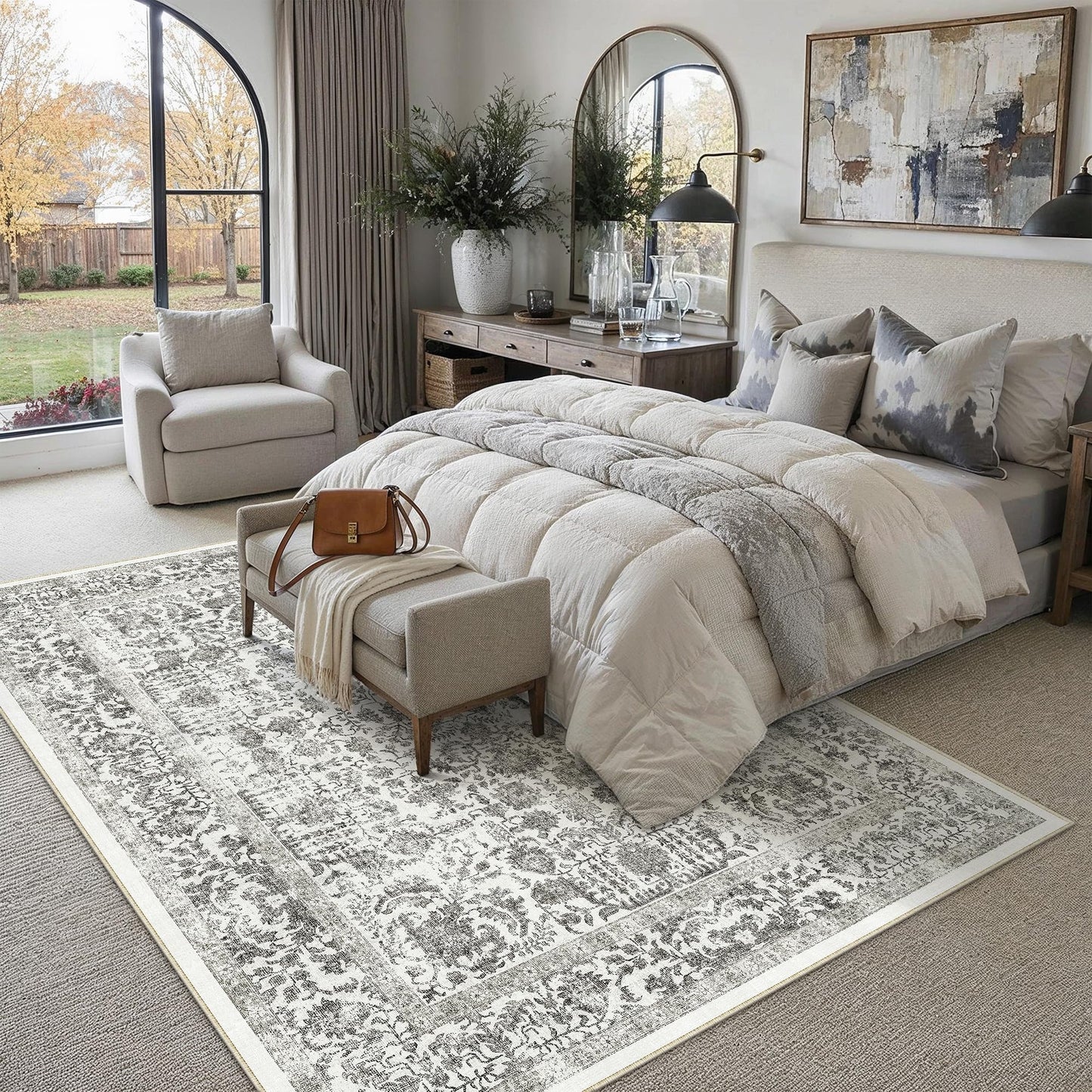PureCozy Black Area Rug 5x7 Machine Washable Vintage Living Room Distressed Non Slip Carpet Traditional Indoor Bedroom Retro Floral Accent Throw Large Rug Office Kitchen Bathroom Dining Room