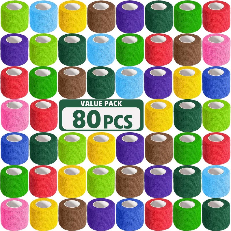 AZEN 80 Pack Self Adhesive Bandage Wrap, 2" X 5 Yards Elastic Cohesive Bandage Wrap, Color Athletic Tape, Vet Wrap, Ankle Tape, Tattoo Grip Tape Wrap