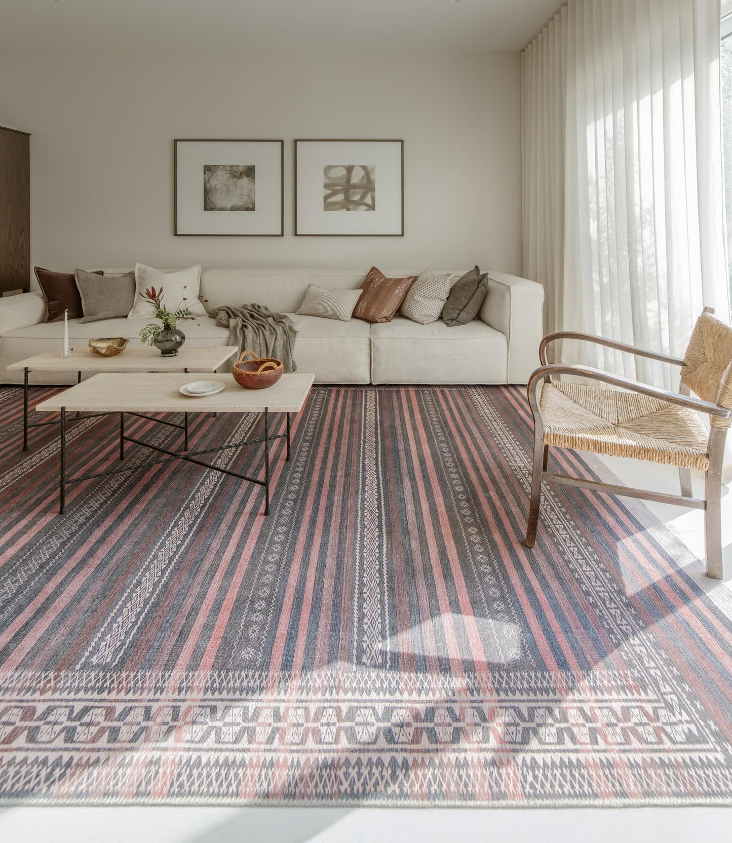 KNOTTING MATTERS Vibe Stripe 10’ x 10’ Square Area Rug – Sand, Charcoal & Clay Heritage Flatweave, Low-Pile – Easy Clean Area Rug – Perfect for Living Room, Dining Room, Bedroom – Pet & Kid Friendly