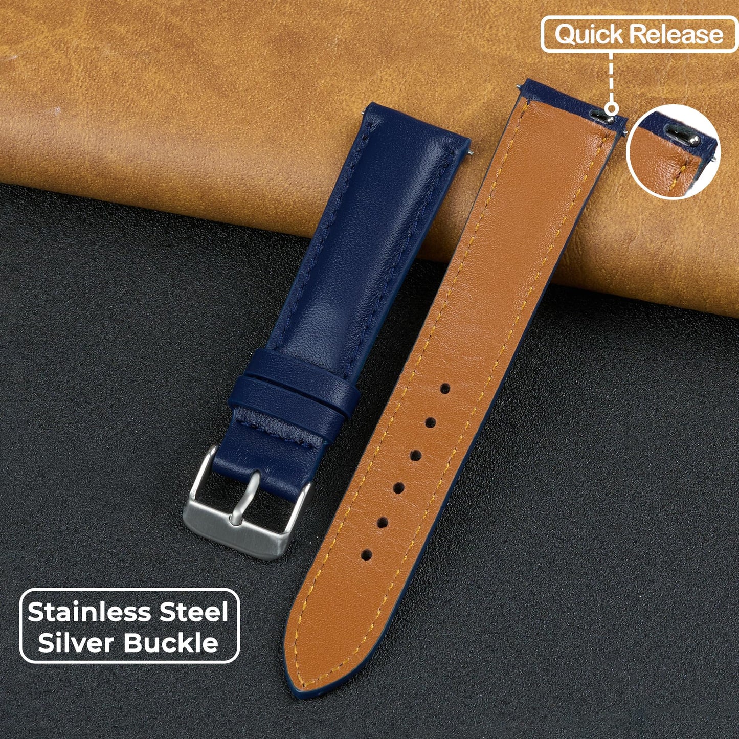 vinacreations 20mm Vintage Blue Leather Watch Band Men Quick Release Replacement Strap Soft Handmade Wristband Stainless Steel Buckle, Christmas Father's Gift for Dad Son Husband DH-204-20MM