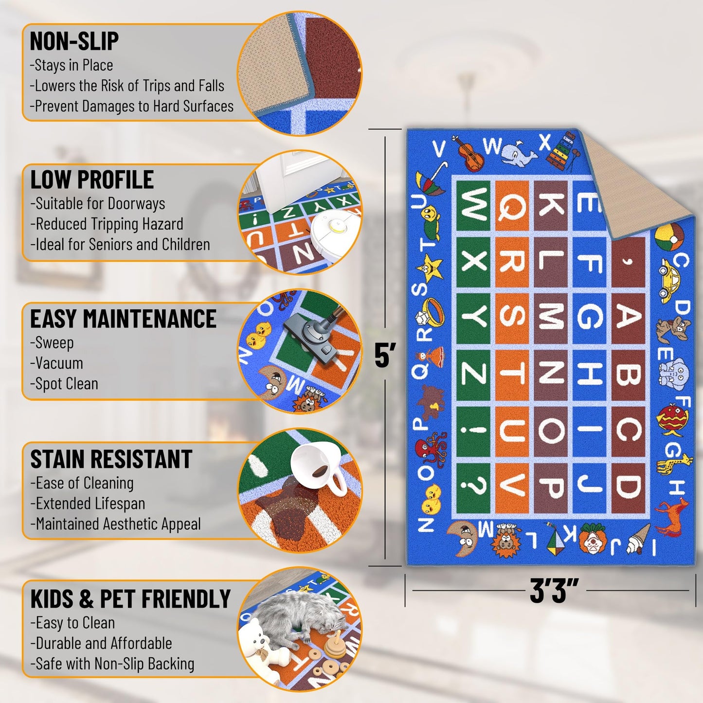 Ottomanson 3'3" x 5' Alphabet Kids Rug - Educational ABC Play Mat for Playroom, Bedroom, Daycare & Classroom - Fun & Interactive Learning Carpet - Durable & Non-Slip for High-Traffic Areas, Blue