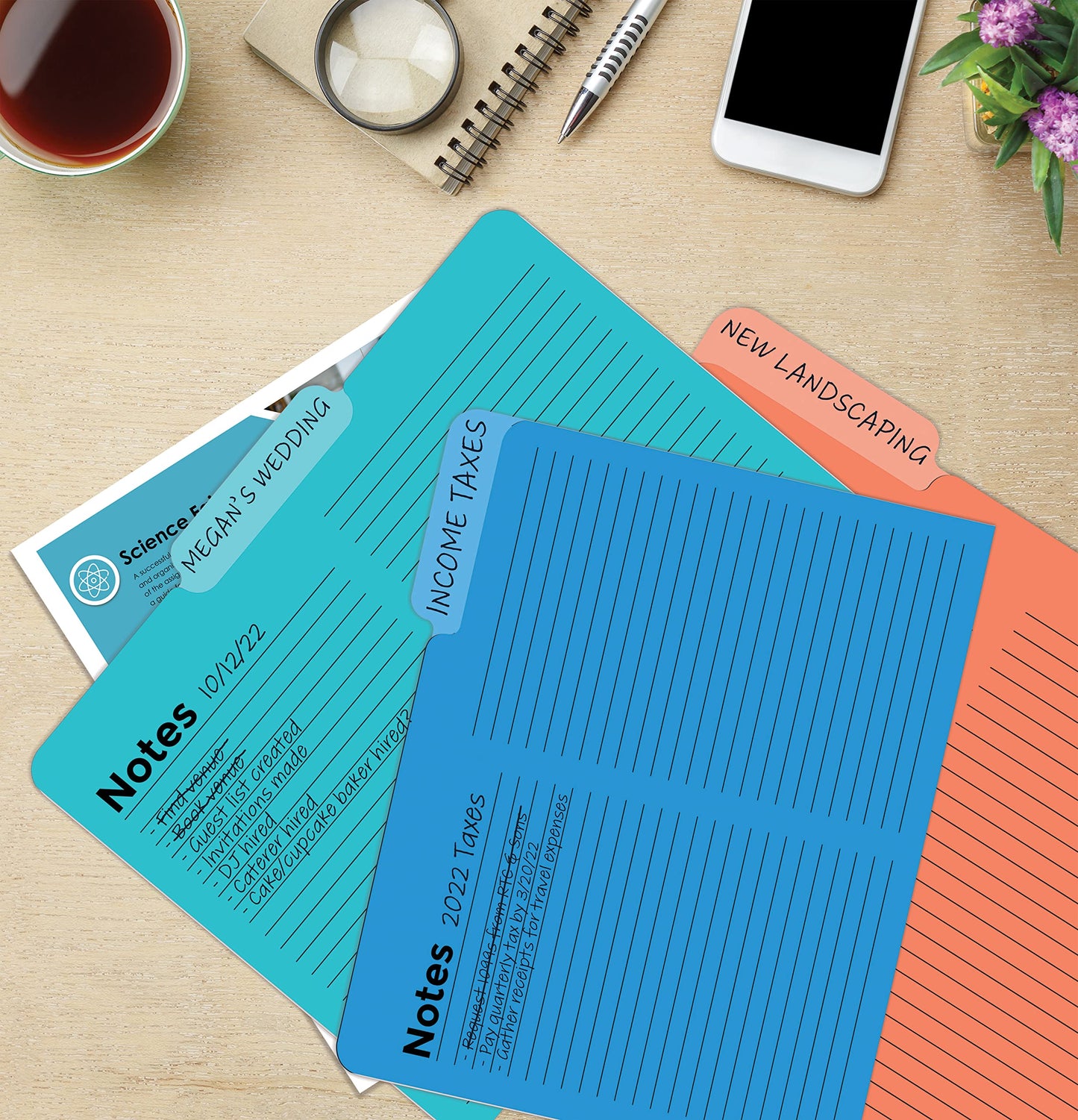 Better Office Products Lined File Folders, 24 Pack, Notes Tabbed File Folders, 1/3 Cut Tabs, 8 Vibrant Colors, Heavyweight, Letter Size Folders, 9.5" x 11.5", Left/Center/Right Set Per Color,