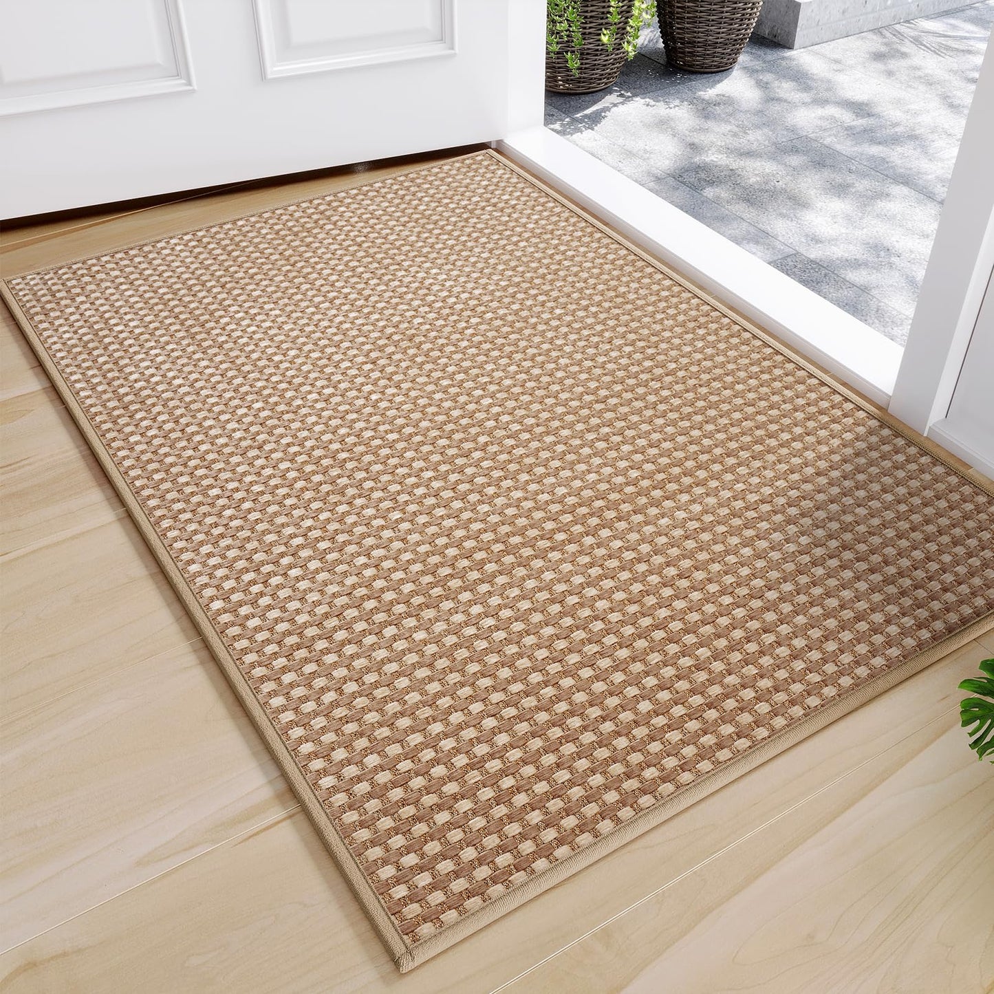 QiCaiJia Front Door Mat 17''x30'', Absorbent Dirt Resist Washable Non Slip Low-Profile Indoor Doormat, Easy Clean Entryway Welcome Door Mats, Brown
