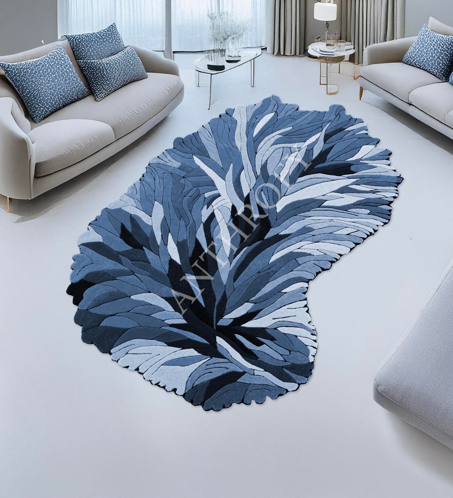 Anthrofy Irregular Shape Wool Area Rug – 3’ x 5' – Blue Color Handmade Unique Contemporary Botanical Design – Thick & Soft Rugs for Living Room, Bedroom