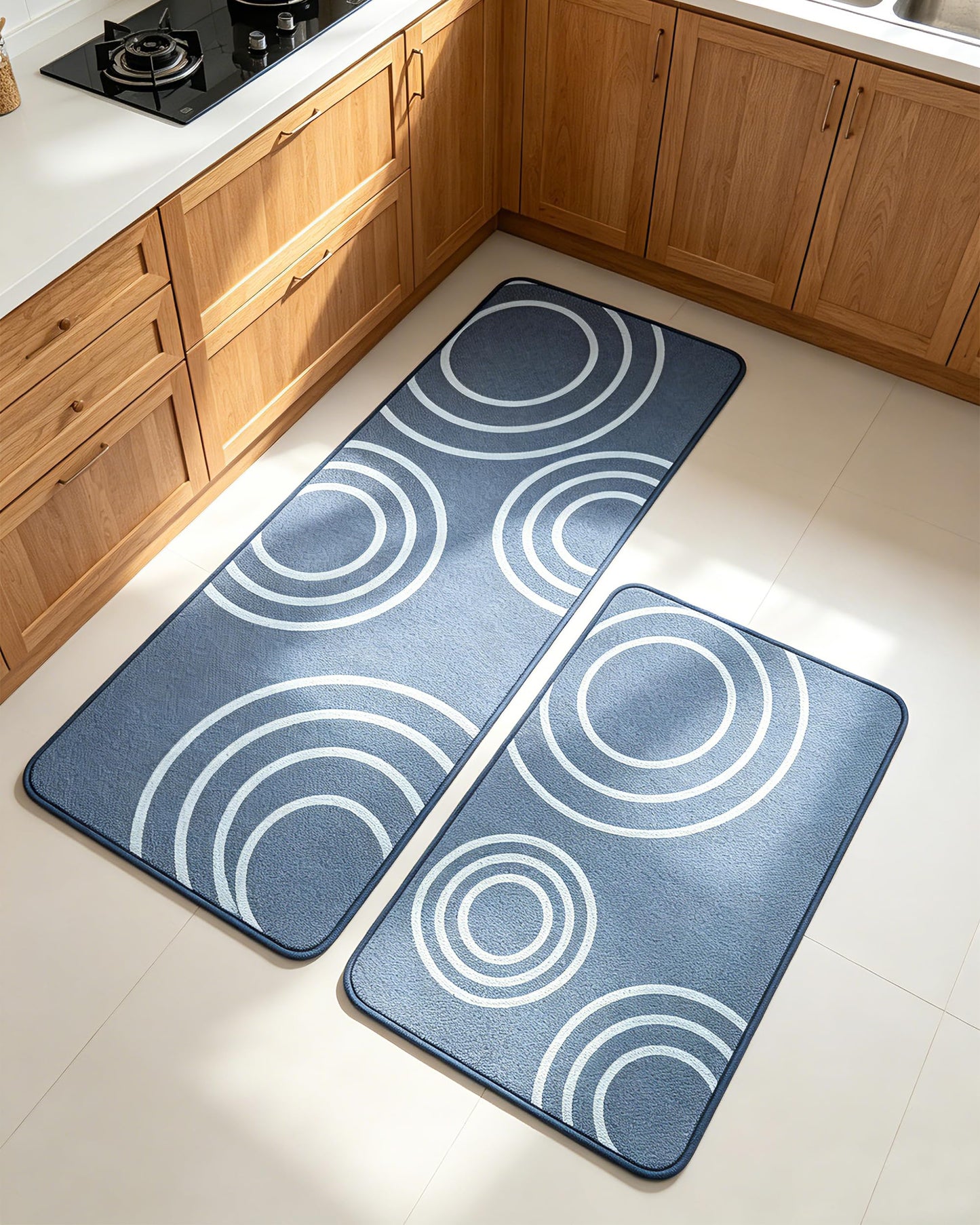 Washable Kitchen Rug Set of 2 Non Slip Runner Rug and Mat Blue Circle