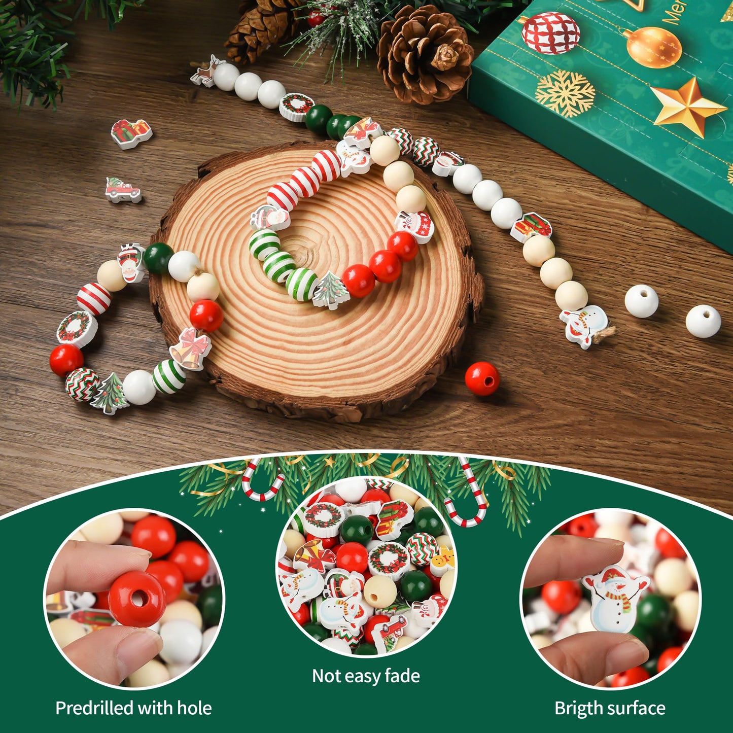 240 Pieces Christmas Wooden Beads Red Green Wood Beads Snowman Gingerbread Santa Deer Craft Bead with Hole for Winter Holiday Garland Making Xmas Home Tree Hanging Decoration